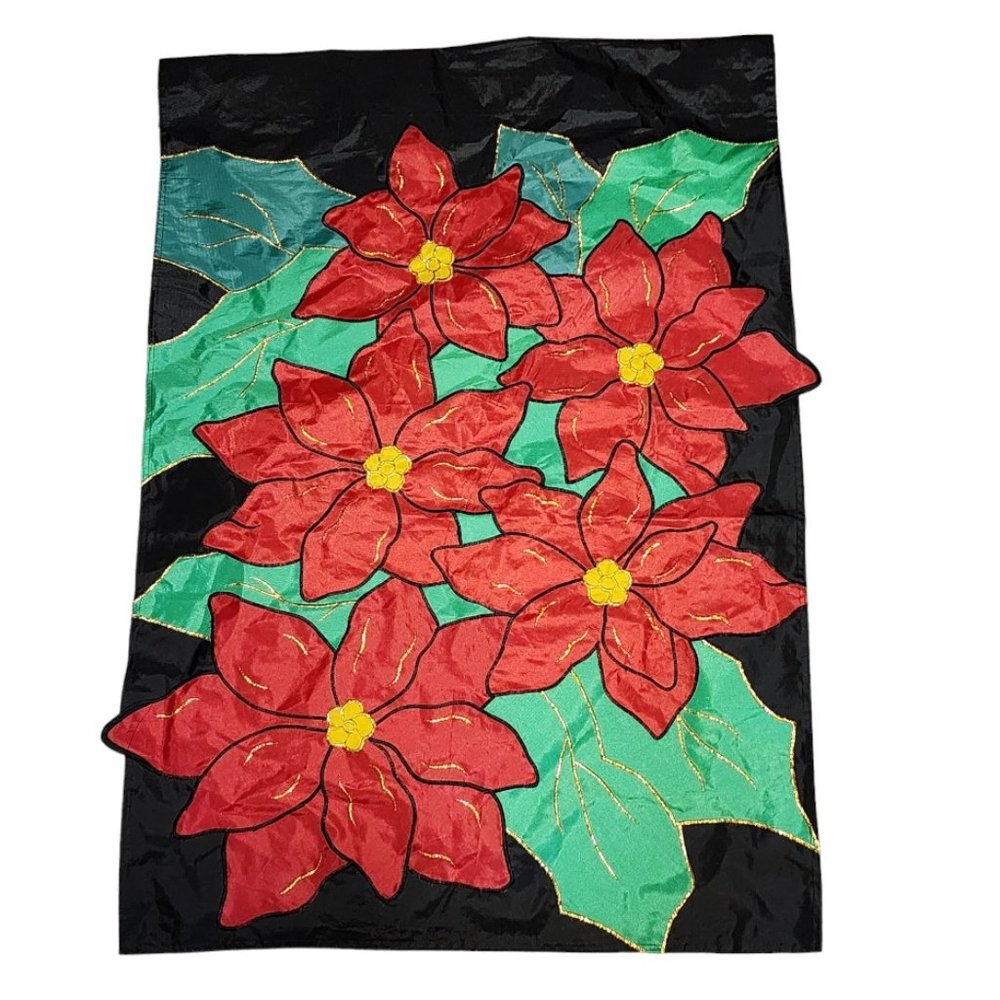 Christmas Poinsettias Outdoor Garden Yard Flag Embroidery Red, Green, Black EUC